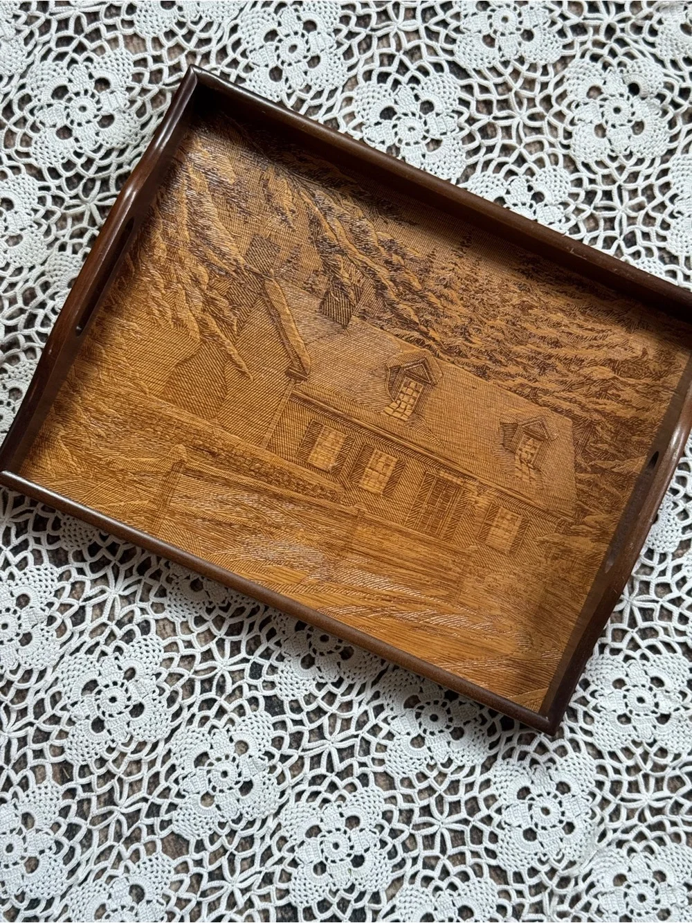 Vintage House of Lloyd Wood Serving Tray Country Cabin Farmhouse Scene